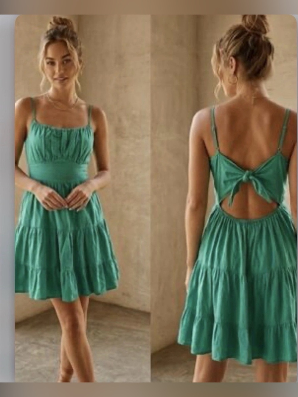 Blanco By nature Green Tie Open Back Mini Dress Tiered Sz XL Adj Straps